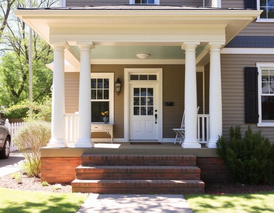 Renovated covered front porch with new columns and brick steps